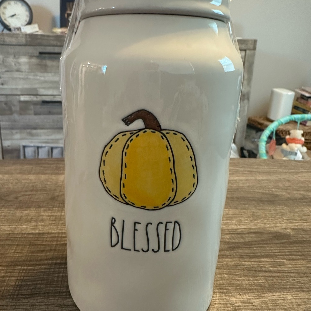 Rae Dunn White Jar with Yellow Pumpkin Design